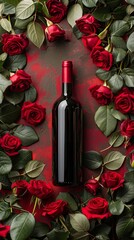 Bottle of red wine on red rose background. Valentine's, Mother's, Women's day greeting card. Flat lay, top view