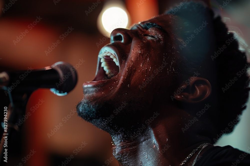 Fototapete a moody silhouette of a singer by a microphone with a captivating backlight creating an atmospheric 
