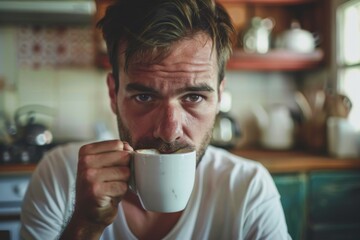 A close-up of a man with a beard drinking from a white mug, possibly enjoying his morning coffee in a cozy kitchen setting