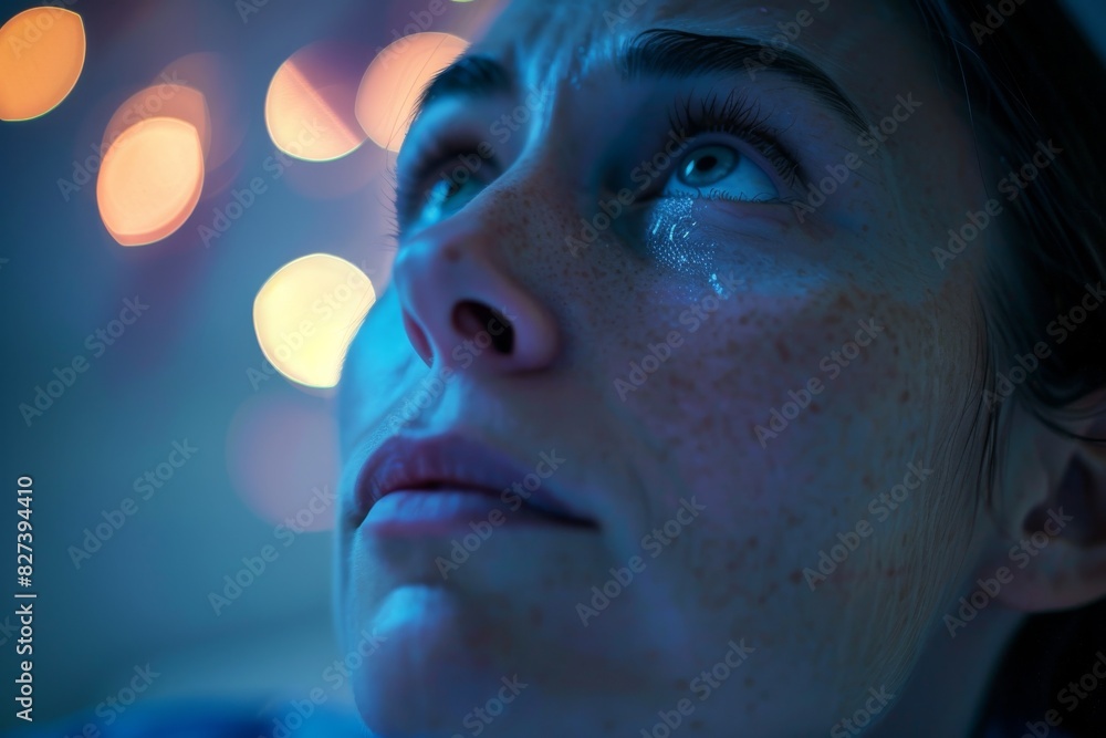 Aufkleber close-up with shallow depth of field featuring blue bokeh lights and a partial view of a person
