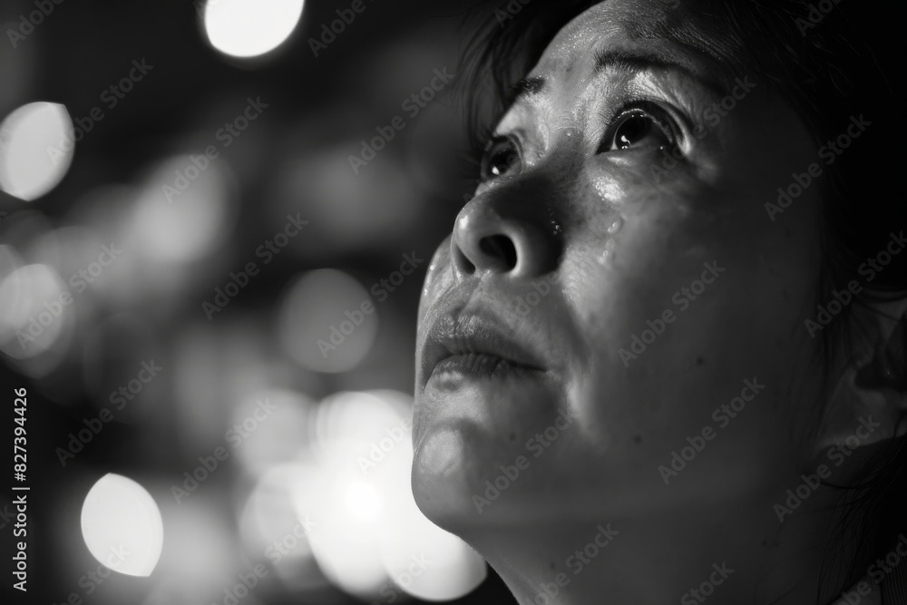 Poster black and white image highlighting bokeh light effects with part of a person's face visible on the s