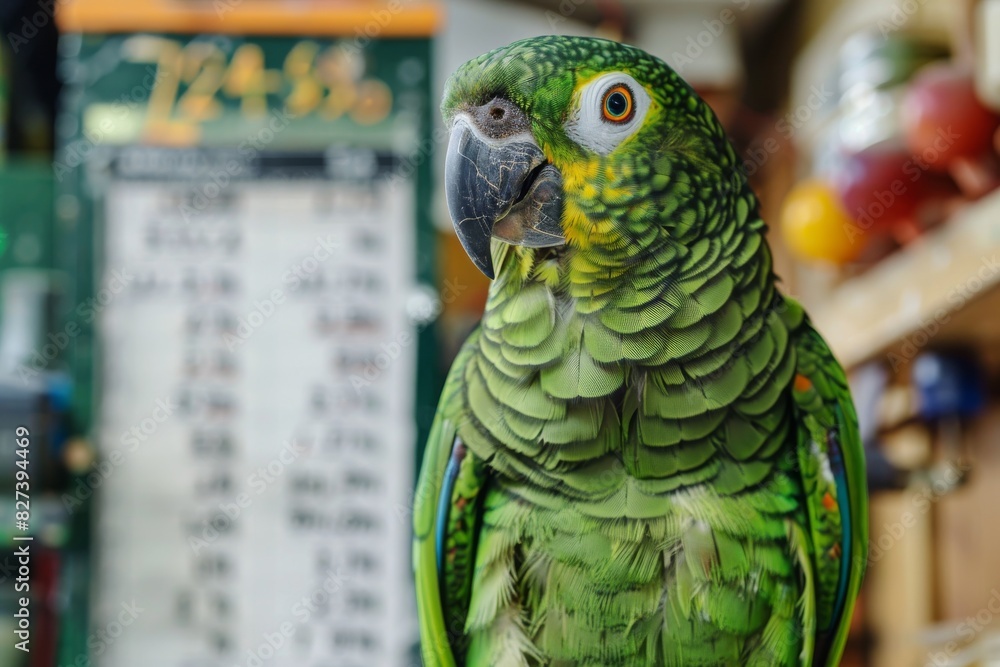 Poster a vivid green parrot standing in front of a list of prices inside a colorful market environment