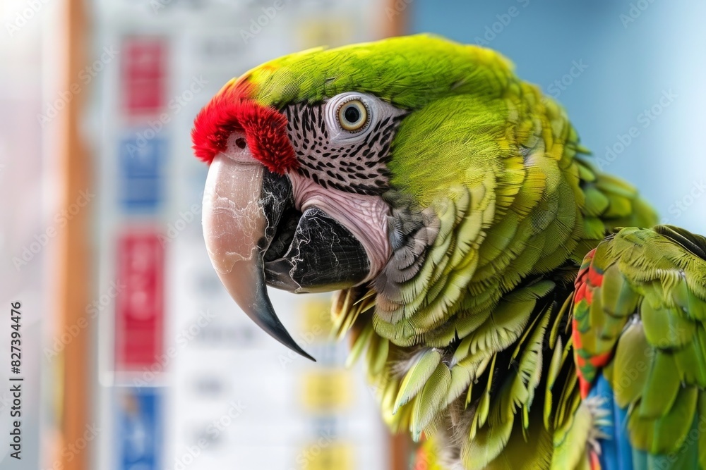 Poster a close-up of a macaw parrot with intense detail on feathers, showcasing its beautiful eye and color