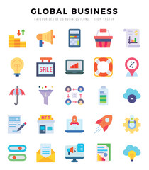 Set of Global Business Icons. Simple Flat art style icons pack. Vector illustration.