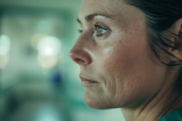 A partial view of a person's side facing green bokeh lights in the background