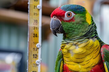 A brightly colored parrot is positioned to align with numbers on a vertical measuring tape
