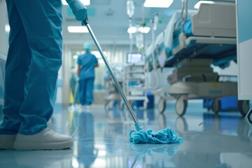 A hospital janitor meticulously cleans the floors with a blue mop in a medical environment