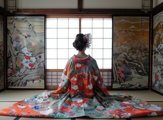 A Japanese bride wearing a traditional kimono sits on the floor in a room with sliding doors.