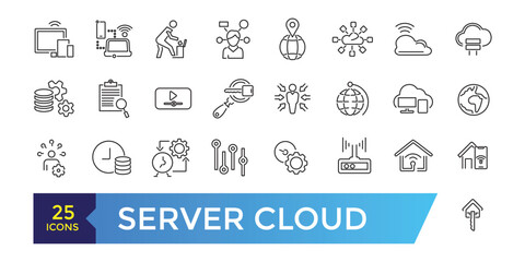 Server Cloud and data exchange icon set. Related to traffic, files, cloud, server. Outline icon collection. Editable stroke. Vector illustration