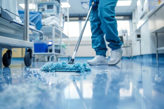 Low-angle shot of a cleaner mopping a hospital floor, dirt and mop visible