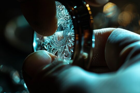 Macro shot of a watchmaker's hands working with a magnifying glass on a watch
