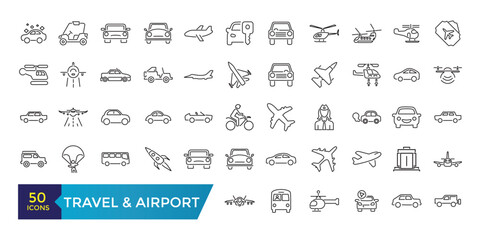 Travel and Airport line icon set. Contains linear outline icons like Plane, Ticket, Baggage, Transport, Luggage, Airplane. Editable vector illustration.
