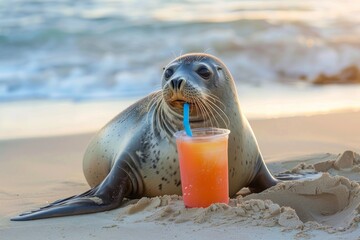 A grey seal lying on the sandy beach with a straw in its mouth and an orange drink beside it, representing pollution