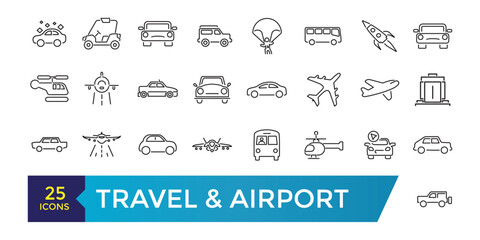 Travel and Airport line icon set. Contains linear outline icons like Plane, Ticket, Baggage, Transport, Luggage, Airplane. Editable vector illustration.