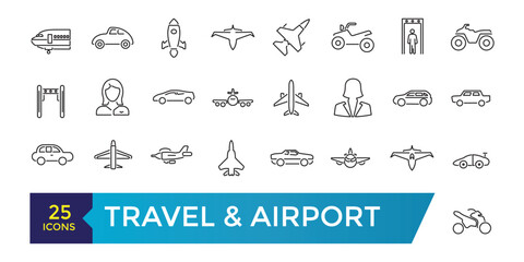 Travel and Airport line icon set. Contains linear outline icons like Plane, Ticket, Baggage, Transport, Luggage, Airplane. Editable vector illustration.