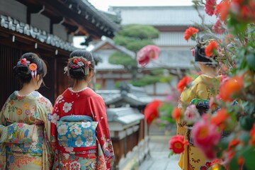 Fototapeta premium Three Japanese women wearing kimono walking in a traditional Japanese garden
