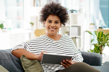 Portrait, tablet and black woman in office with connection for social media, psychology article and...