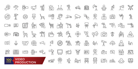 Video production line icon set. Animation music and movie editing. Vector set designs line images film production collection.