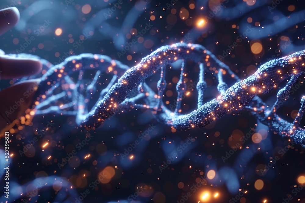 Poster detailed image of a glowing dna helix with a dark, bokeh filled background, highlighting the precisi