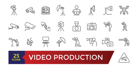 Video production line icon set. Animation music and movie editing. Vector set designs line images film production collection.