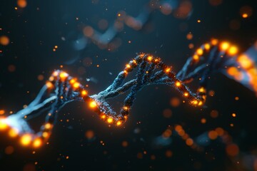 Artistic close up of a glowing DNA helix in a dark, high tech environment, representing the fusion of genetic science and advanced technology