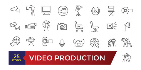 Video production line icon set. Animation music and movie editing. Vector set designs line images film production collection.
