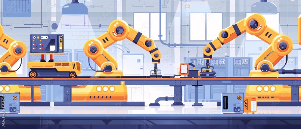 Poster modern factory assembly line with automated robots