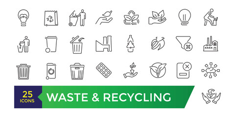 Waste and recycling line icons. Garbage disposal. Trash separation. Editable stroke. Vector UI and web icon set.