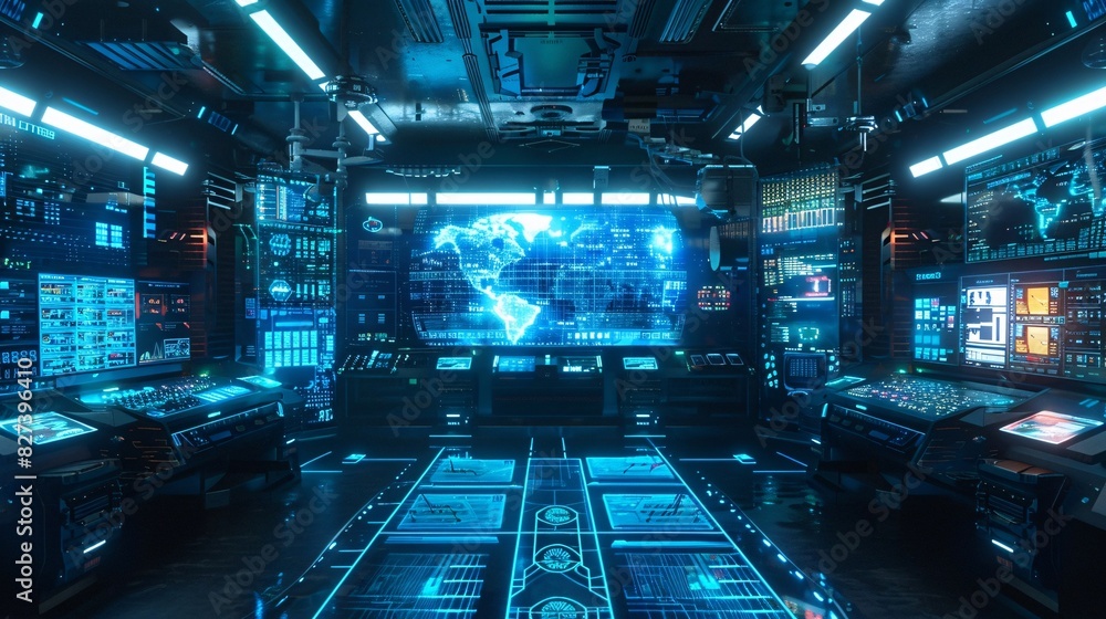 Poster high-tech command center with multiple workstations and monitoring systems