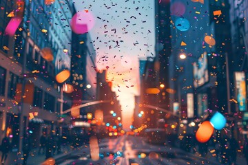 Obraz premium Urban Nightscape with Confetti Falling on City Street