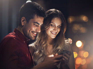 Mobile phone, social media and couple on date in city for internet video, funny meme or post....