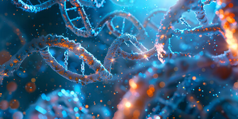 DNA molecule in clear crystal blue water DNA helix, biotechnology science concept.