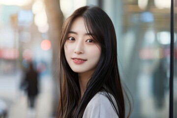 Naklejka premium A beautiful young Korean woman with long straight hair.
