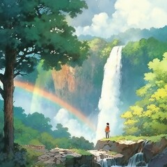 Illustration of fairy tale forest with waterfall and rainbow