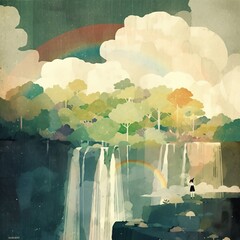 Illustration of fairy tale forest with waterfall and rainbow