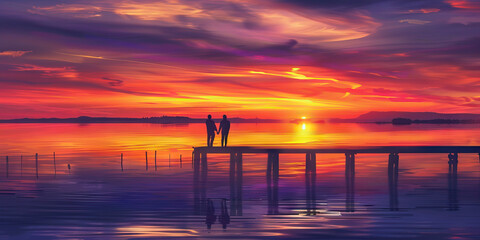 Obraz premium Harbor Sunset: A couple standing on a pier overlooking a harbor at sunset, with pastel hues of orange and purple in the sky reflecting on the water, creating a serene and romantic scene