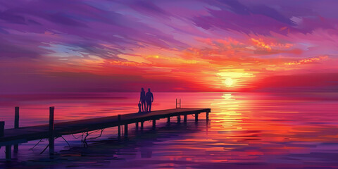 Obraz premium Harbor Sunset: A couple standing on a pier overlooking a harbor at sunset, with pastel hues of orange and purple in the sky reflecting on the water, creating a serene and romantic scene