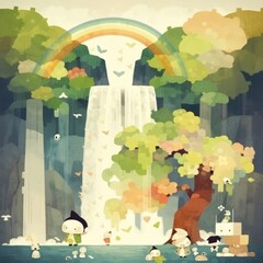Illustration of fairy tale forest with waterfall and rainbow