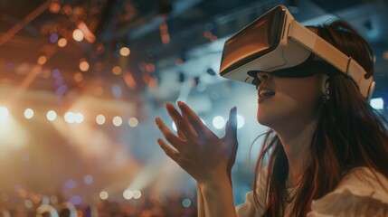 A casually dressed Asian woman uses VR goggles to watch a live concert, feeling the excitement of...