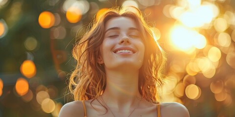 Smiling Blonde Woman Closing Eyes and Enjoying the Sunlight