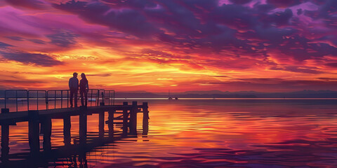 Fototapeta premium Harbor Sunset: A couple standing on a pier overlooking a harbor at sunset, with pastel hues of orange and purple in the sky reflecting on the water, creating a serene and romantic scene