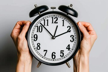Hands holding a black alarm clock, symbolizing the urgency and importance of time management in a busy lifestyle