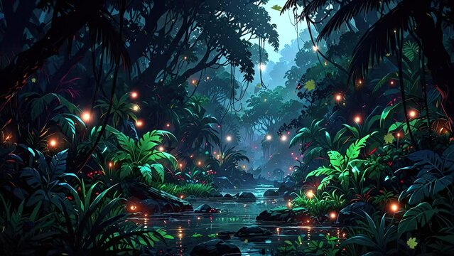 Bioluminescent plants of various colors in the forest, radiant crystals and pathways, fireflies, the nighttime scene of Pandora, blue and pink light, grand scenery along a glowing river, 4k looping vi