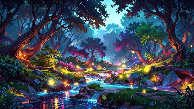 Colorful bioluminescent flora in the woods, illuminated crystals and trails, fireflies, the planet Pandora at night, blue and pink illumination, epic landscape by a shining river, 4k looping video.