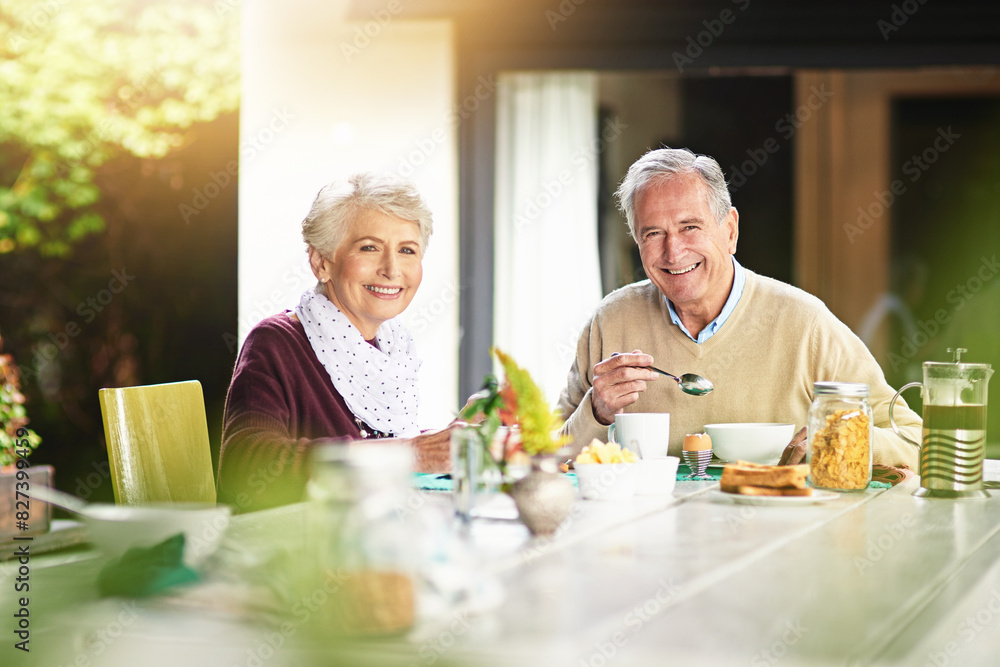 Poster Happy, senior couple and eating breakfast in portrait together for retirement and marriage at home. Smile, mature man and woman with healthy food, nutrition and balanced diet for wellness and support