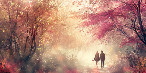 Ethereal Forest: A couple walking through an ethereal forest, with pastel-colored trees and soft, diffused light filtering through the leaves, creating a magical and enchanting atmosphere