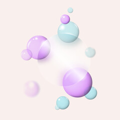 Glass morphism transparent round plate frame with flying 3D balls on the background. Modern Glass Morphism template with blur effect and realistic balls in light pastel colors.Vector illustration
