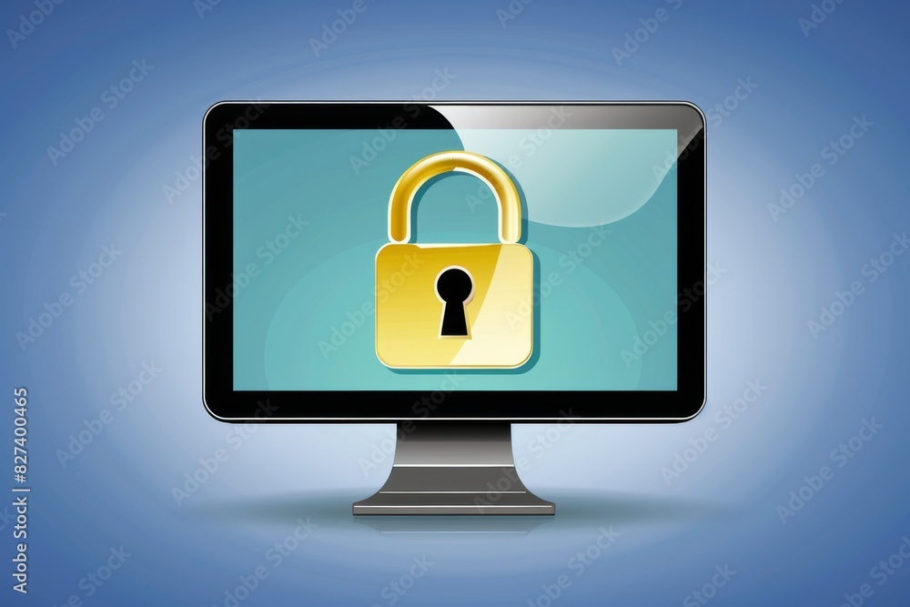 Poster computer monitor with a yellow lock icon, highlighting online security and data protection in a digi