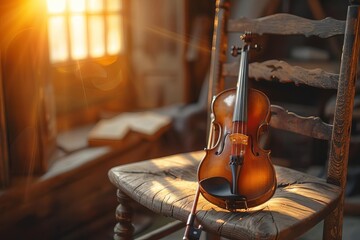 A violin resting on an antique wooden chair, backlit by the setting sun through a window, Close up