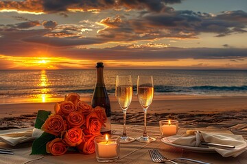 Romantic Sunset Beach Proposal Setup with Champagne and Roses